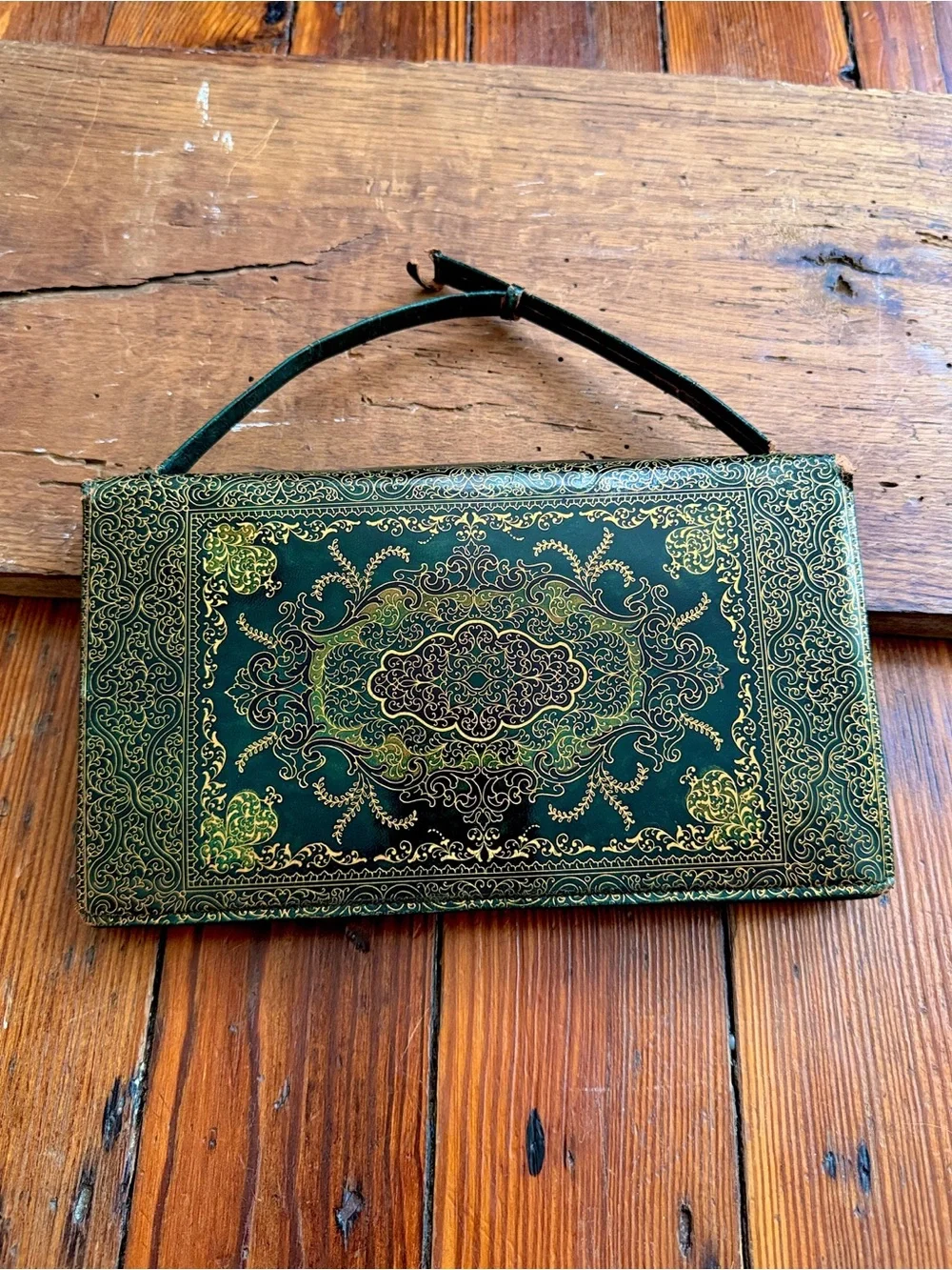 Vintage mid-century Florentine green & gold leather embossed bag w mirror